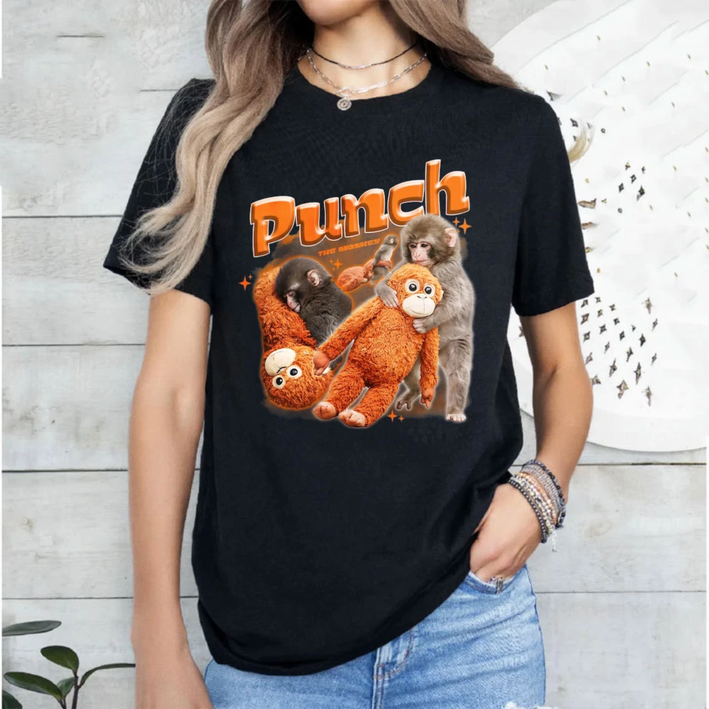 Punch The Monkey Meme Gorilla Collage T-Shirt Funny Retro Animal Graphic Tee Gift for Lovely Plush Toy Wildlife Cartoons Tshirt