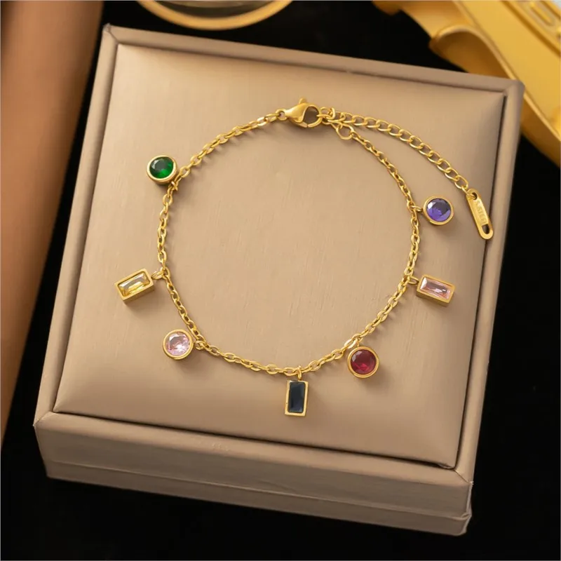 ANENJERY 316L Stainless Steel Round Square Colorful Zircon Bracelet for Women Sweet Simple Bracelet Praty Jewelry Wholesale