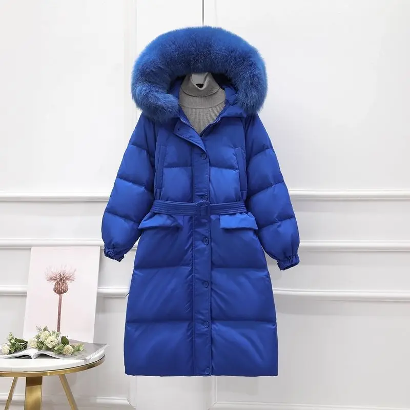 Winter New White Duck Down Women Mid Length Fashion Plush Collar Hooded Warm Lady Overcoat Windproof Coat Women Down Jackets