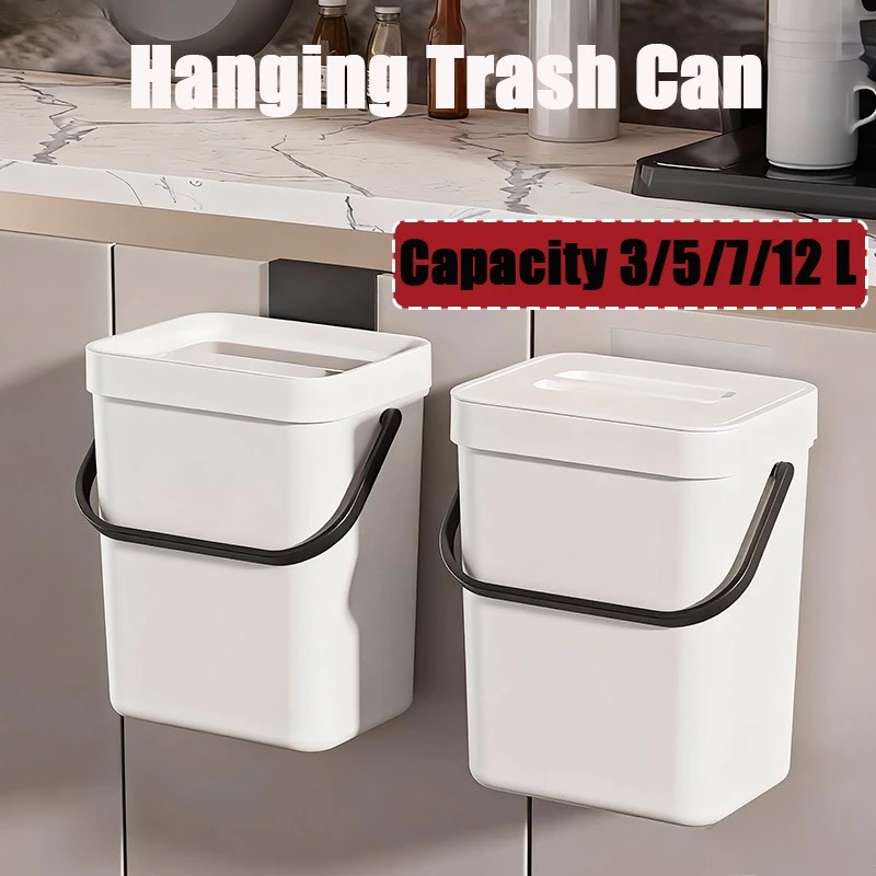 

3/5/7/12L Premium Easy-Mount Hanging Trash Can Solid Color Odor-Proof Food Waste Bin for Kitchen/Bathroom/Office Mini Trash Can