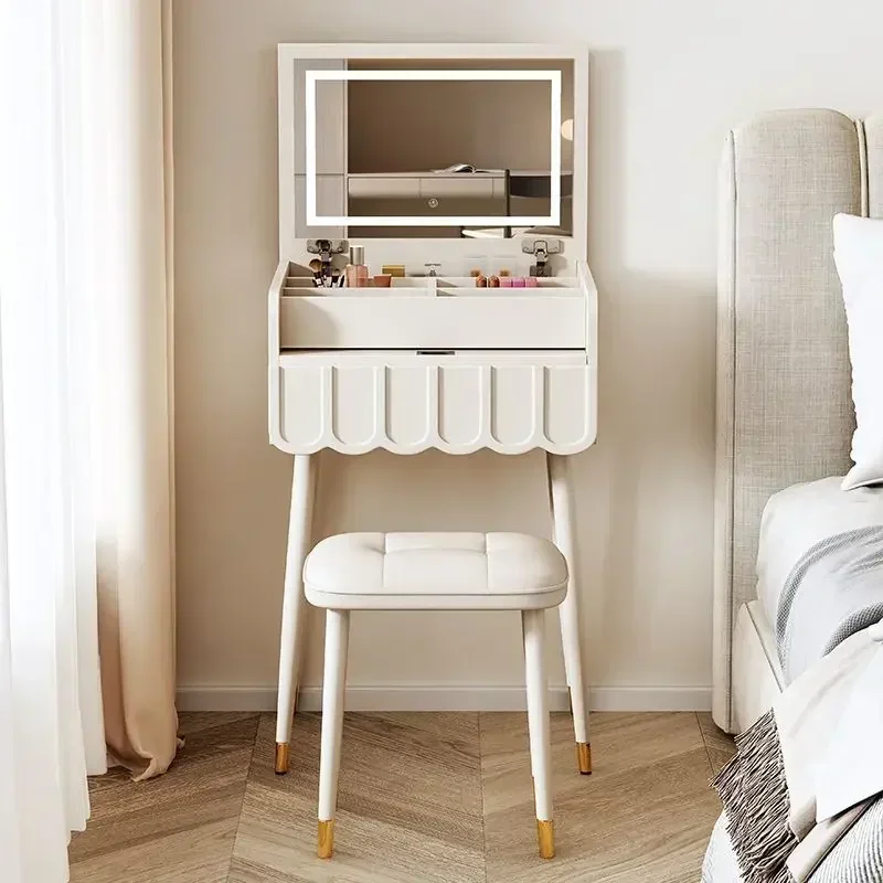 Dressing Table Vanity Desk Set LED Mirror and Storage Chair White Vanity for Bedroom Compact Mini Makeup Vanity Dressing Table