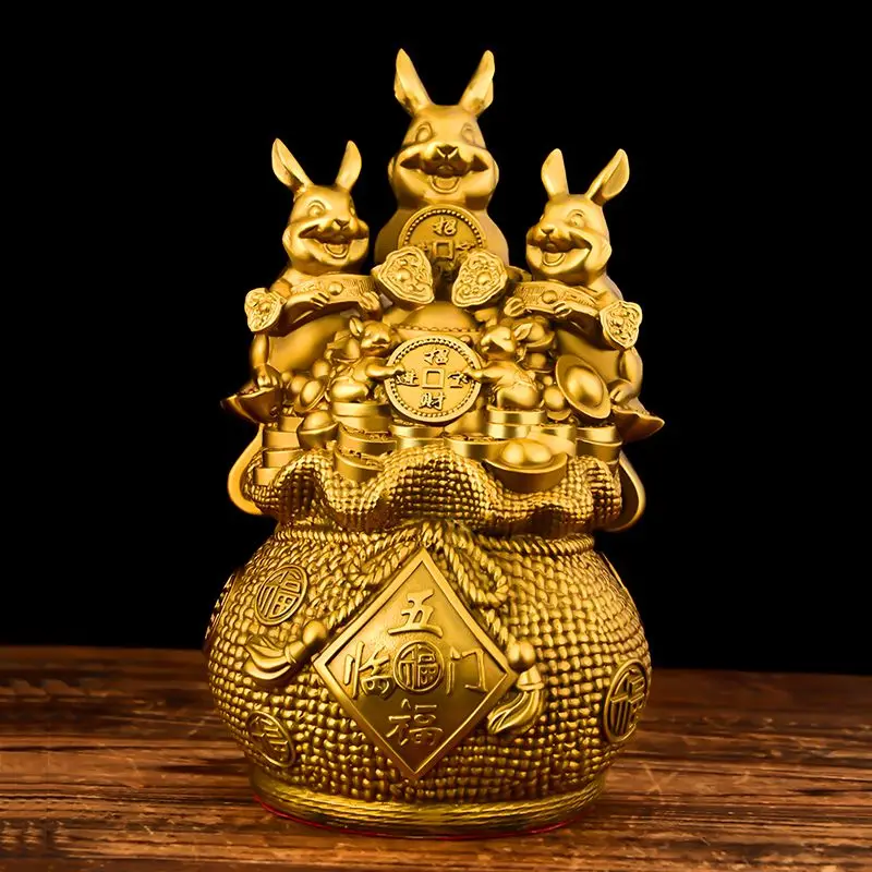 

Wealth Attract Lucky Brass Rabbit Ornament Mascot Money Bag Rabbit Five Blessings Door Decoration