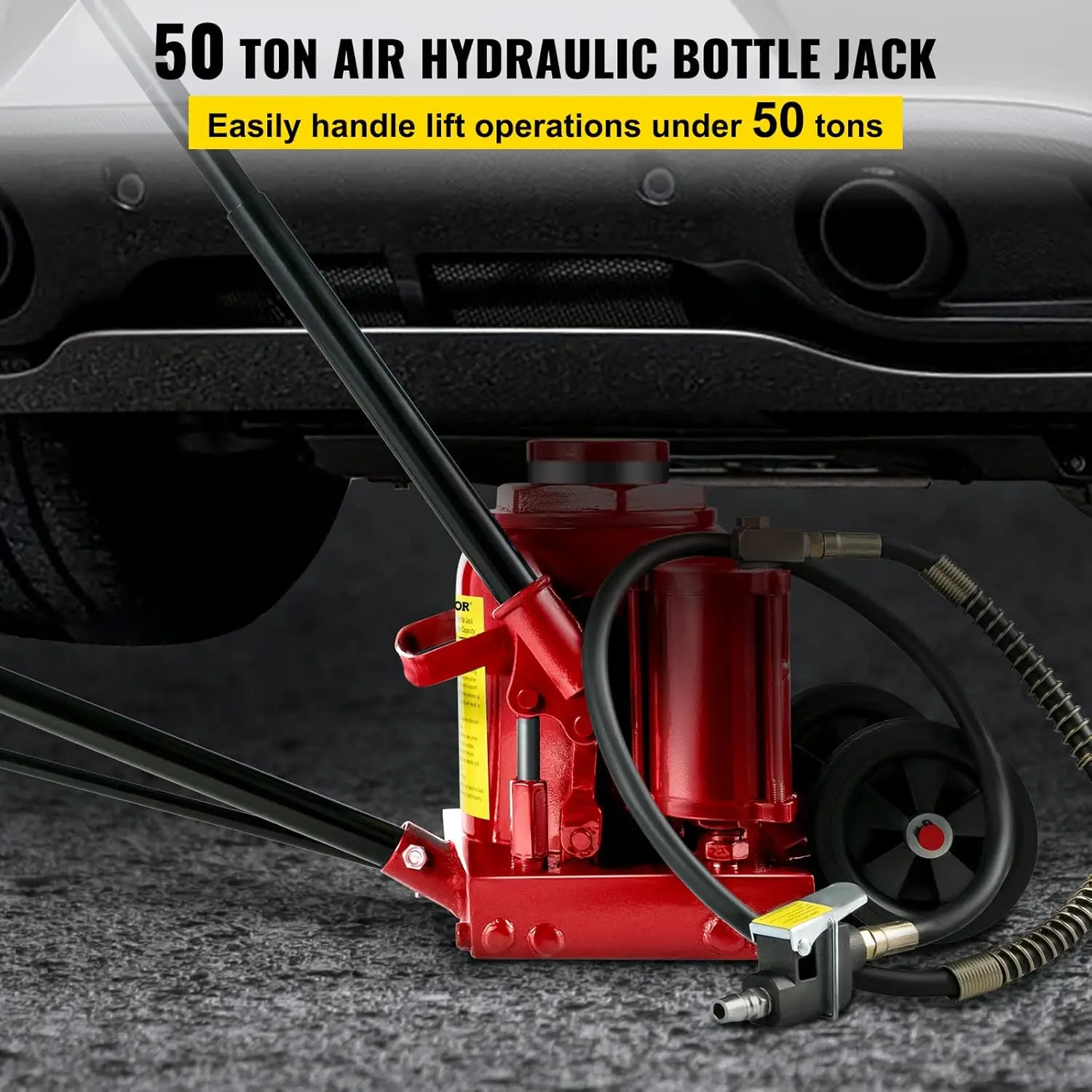 Jack garrafa hidráulica de ar, altura máxima 17 ", bomba manual e pneumática, aço robusto, 50 Ton, 110231lbs