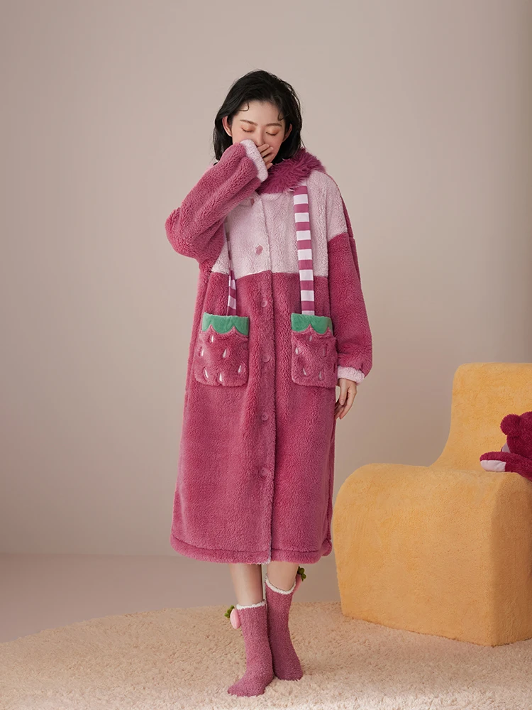 Cartoon Long Nightgown Women's Winter Coral Fleece Thermal Pajamas Cute Loungewear Robes Bathrobe Sleepwear