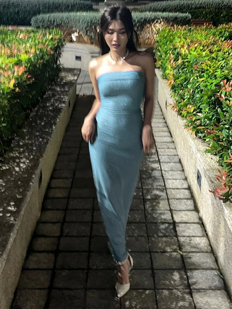 Hugcitar موضة تألق مثير Y2K ملابس بلا أكمام عارية الذراعين أنبوب Bodycon عيد ميلاد ماكسي فساتين الصيف النساء نادي مساء حفلة