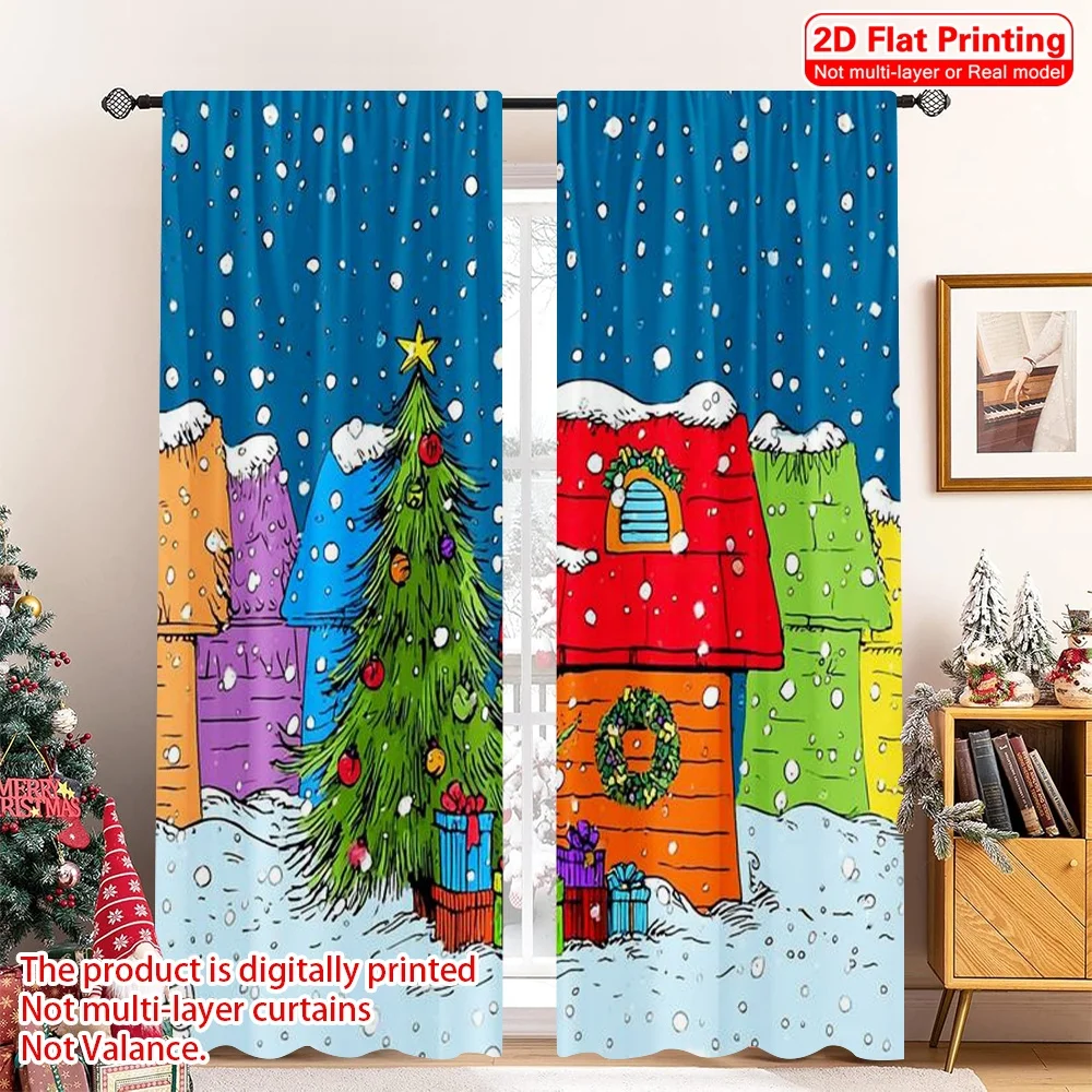 

2pcs 2D flat printing Merry Christmas Window Drapes Christmas Red House Versatile Durable Polyester Without Electricity Holiday