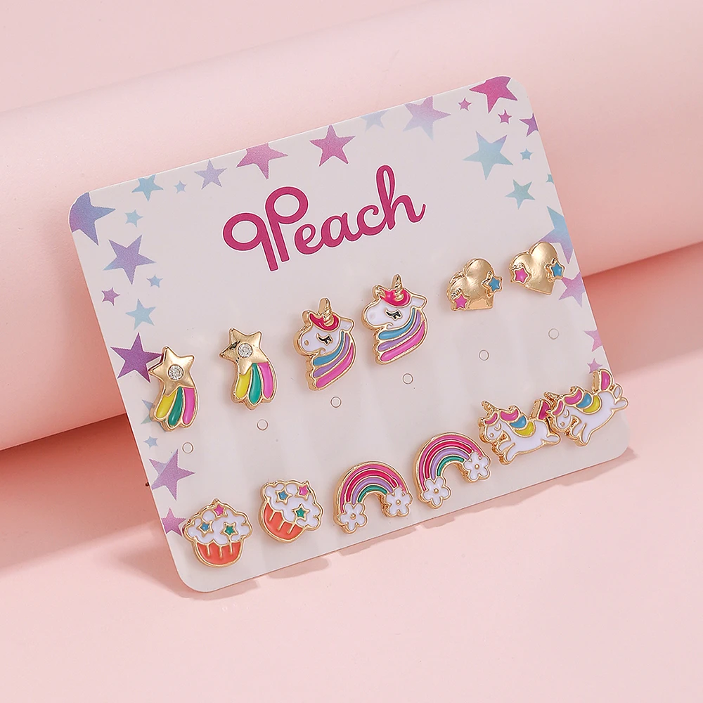 12 unids/set lindo niñas dibujos animados unicornio Arco Iris amor aleación de Zinc encanto hija pendientes joyería regalo