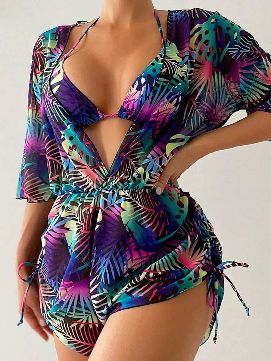 3pcs Women Tropical Plant Print Halter Neck Bikini Set With Removable Sarong Cover-Up Vacation Beach Summer