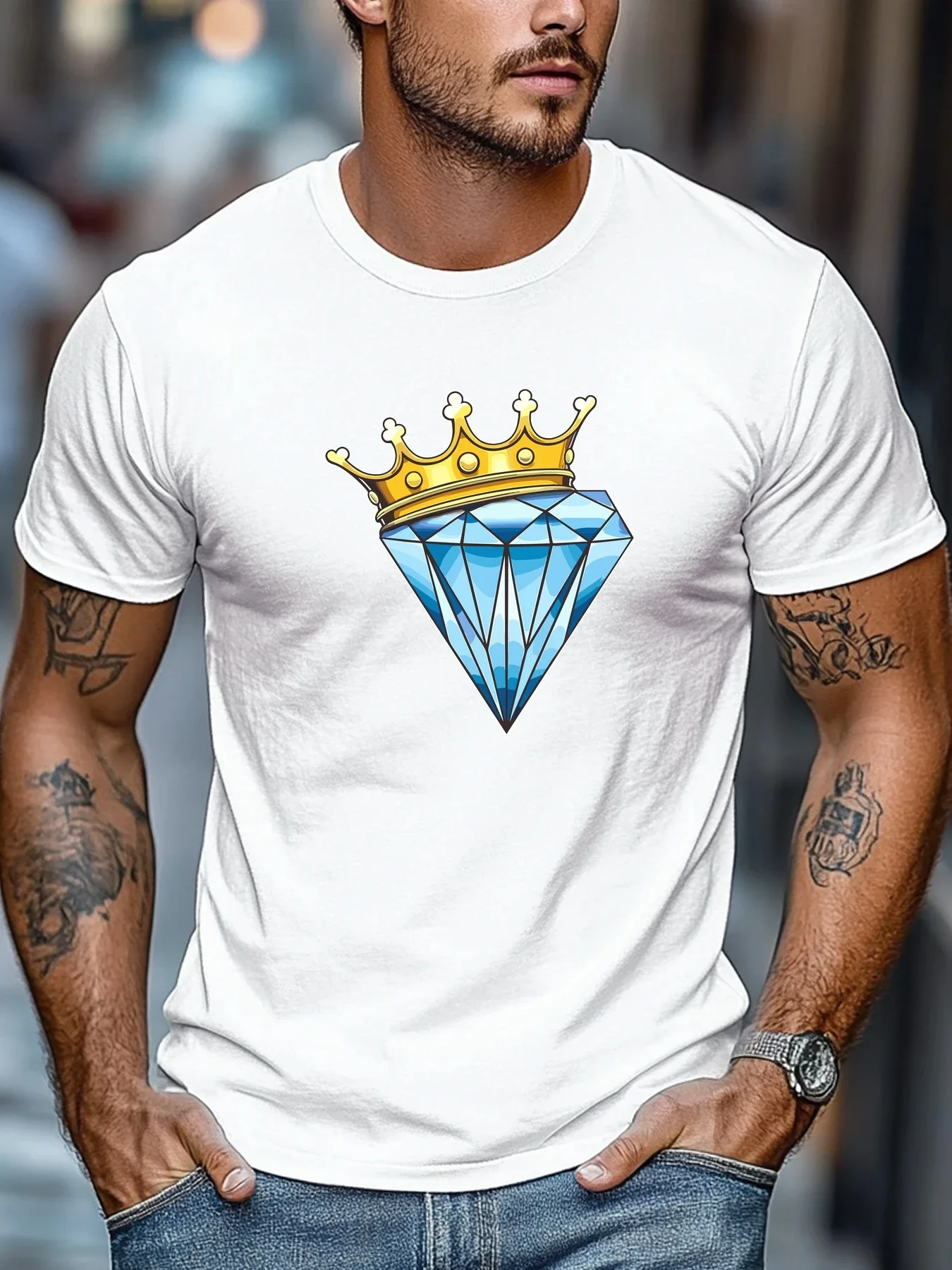 Men Black Crew Neck Tee Shiny Light Blue Diamond With Golden King Crown Luxury Royal Crystal Graphic Soft Short Sleeve Hip Hop R