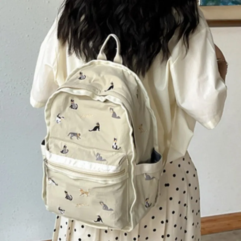 달콤한 귀여운 수 놓은 고양이 배낭 여성 카키 대용량 경량 데이 팟 여성용 일상 통근 다목적 Mochilas Mujer