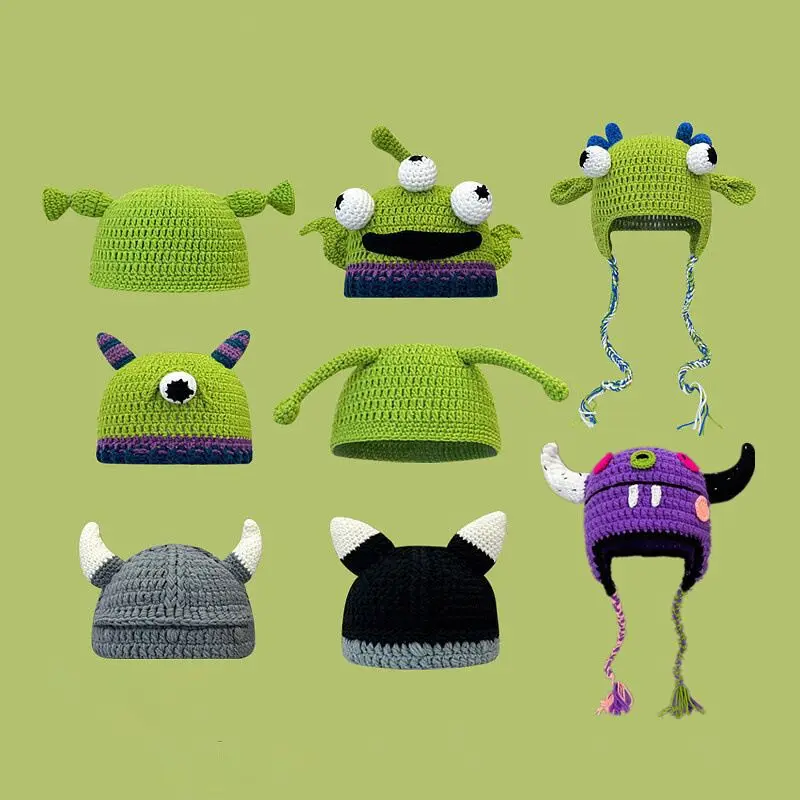 

Monster Handmade Knitted Pullover Wool Beaine Hat Green Female Autumn Winter Cute Cartoon Funny Woolen Beanie Hat Skullies 0 0