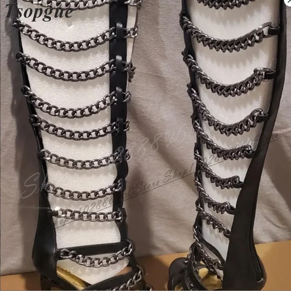 

Knee High Stylish Black Metal Chain Sandals Thin High Heel Shoes For Women Back Zipper Open Toe 2026 Fashion Zapatos Para Mujere