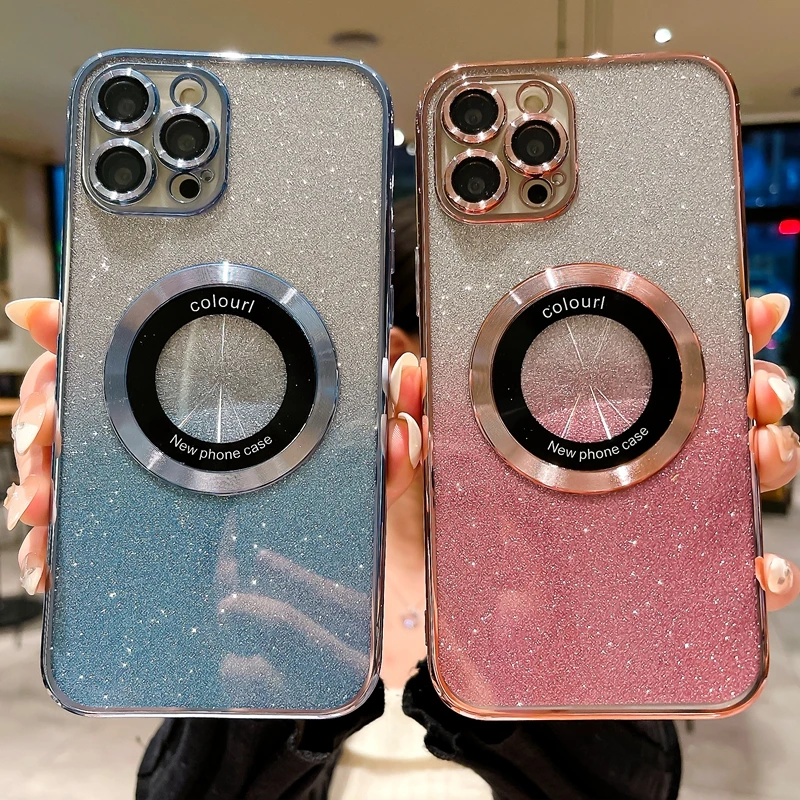 Luxury Glitter Magsafe Wireless Charge Case For iPhone 11 12 13 14 Pro Max Plus Magnetic Soft Shockproof Bumper Cases Cover