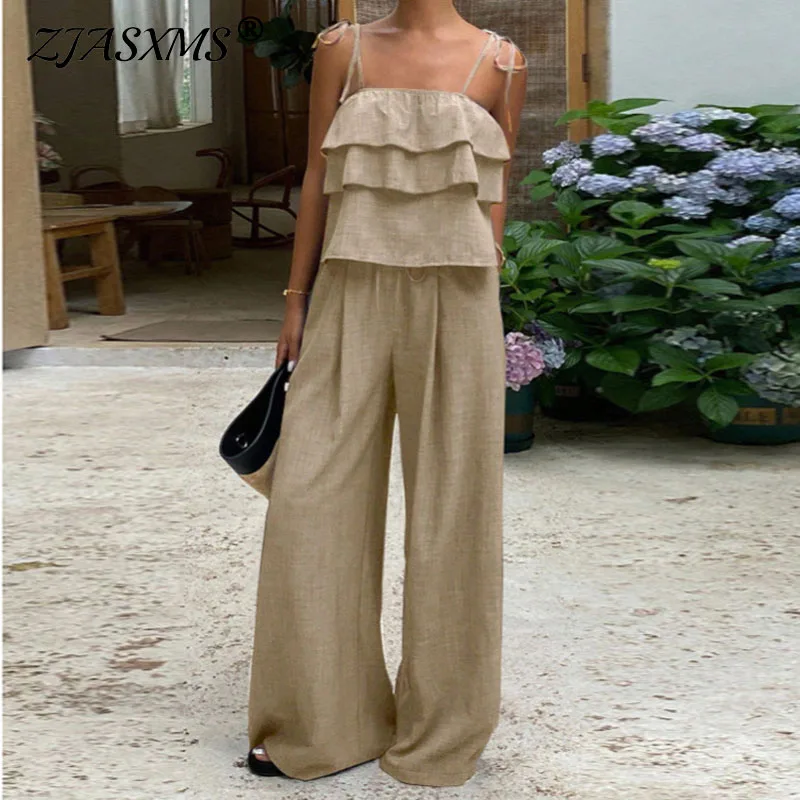 Solid Spaghetti Tie Strap Set Women Layer Ruffle Sleeveless Camisole Drawstring Wide Leg Trousers Travel Vacation Two Piece Suit