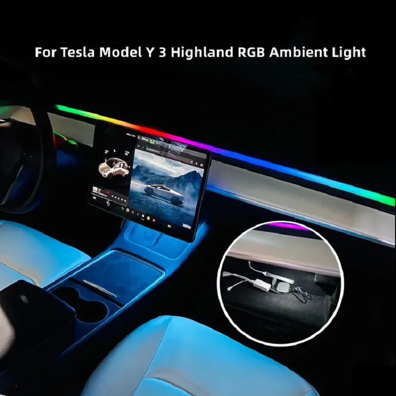 New Upgrade For Tesla Model Y 3 Highland RGB Ambient Light Kit Dashboard Center Console Center Stack APP LED Strips Neon Lamp