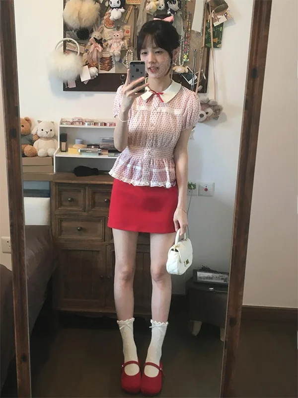 

Summer Polka Dot Sweet Heart Short Sleeve Shirt And Red Skirt Two Piece Set Women's Fashion Outfit round Neck Casual Style