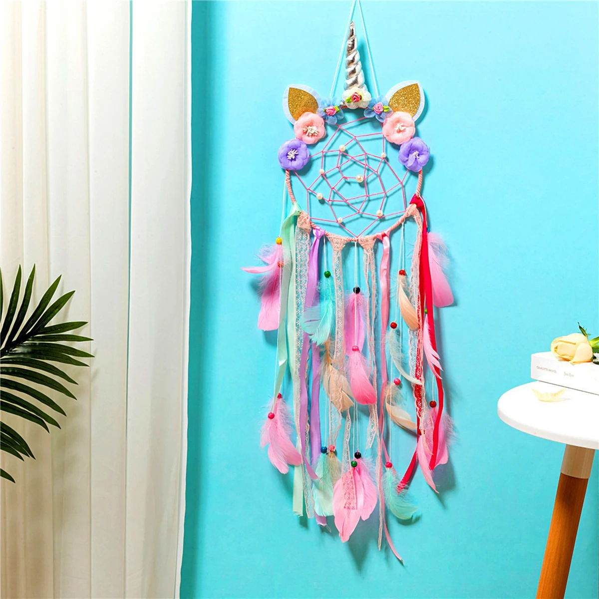 Handmade Unicorn Dreamcatcher - Boho Feather Lace Decor for Girls Bedroom, Wall Art Gift