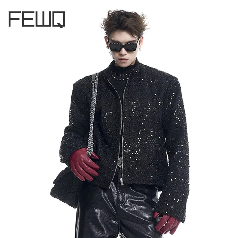 FEWQ Winter Sequin Decoration Men\'s Jacket Loose Fashionable Long Sleeve Zipper Design Male Top 2024 New Fashion Tide 24E2408