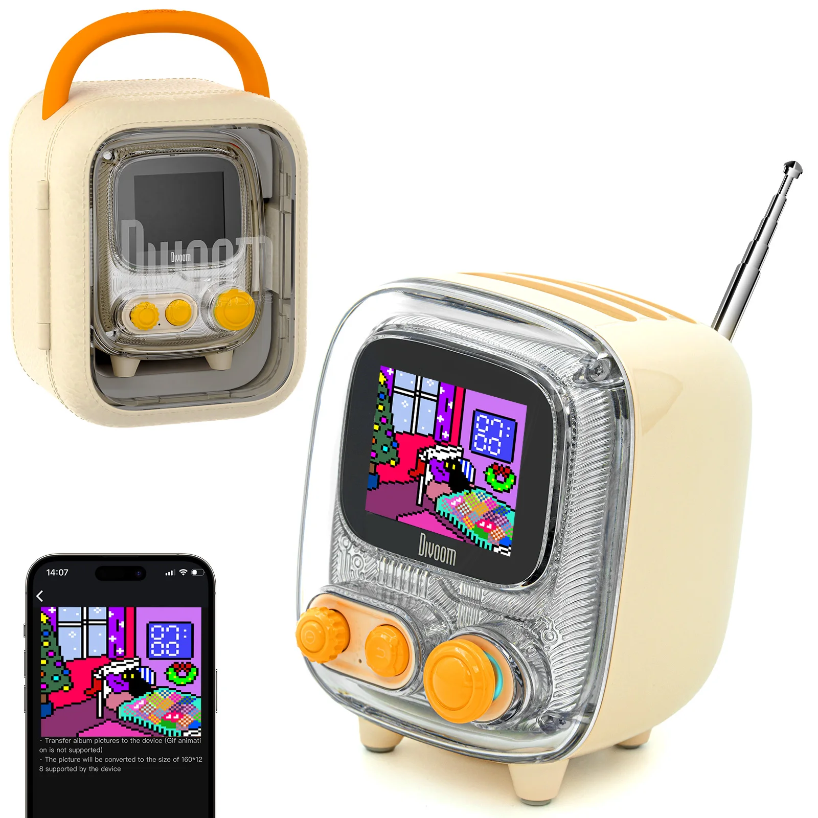 Divoom T-tiivoo-2 미니 휴대용 FM 블루투스 스피커, 픽셀 아트 알람 시계, DIY 디스플레이 보드, 귀여운 선물, 홈 조명 장식