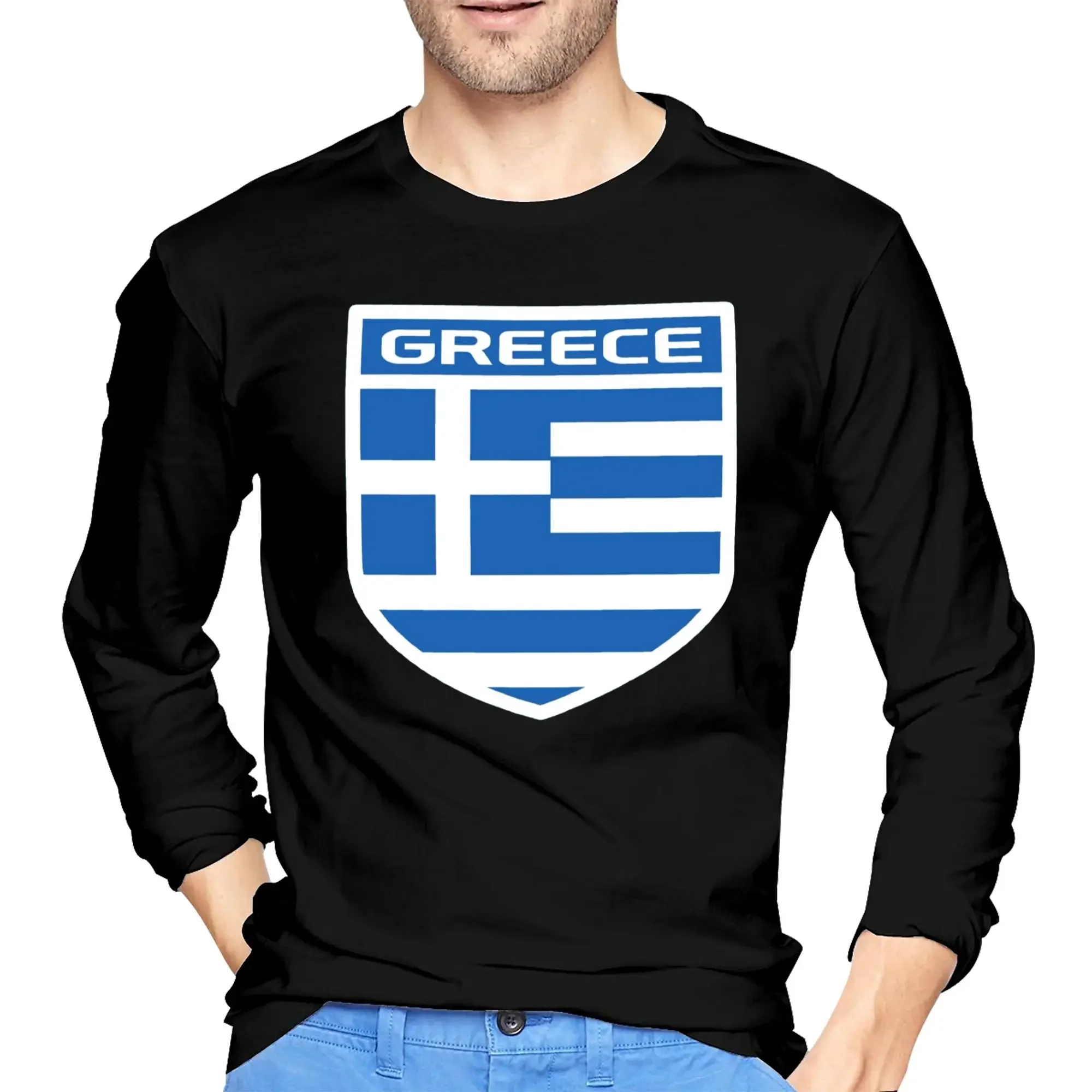 

Greece Greek Flag Men's Long Sleeved T-shirt Breathable Round Neck T shirts Spring and Autumn Men tops