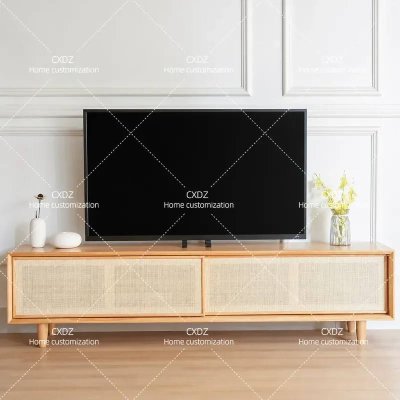 Nordic Solid Wood TV Cabinet Japanese Simple Rattan Wall Mounted Storage Unit for Small Apartment Living Room Log Media