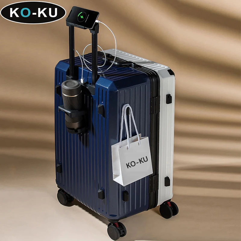 KO-KU 30\'\'Large Capacity Aluminium Frame Luggage Multifunctional Trolley Case Rechargeable Cup Holder Universal Wheel Suitcase