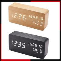 LED Digital Alarm Clocks Desk Wooden Alarm Clock with Voice Control Date Temperature Adjustable 3 Brightness Display