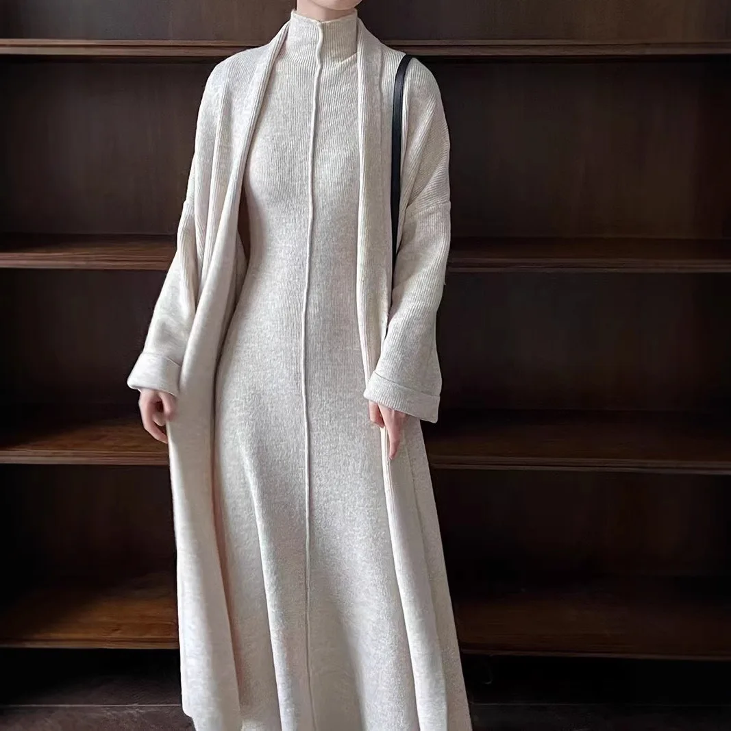 

French Maxi Knit Dress, High Neck, Sleeveless Vest Dress, Vintage Coat, Cardigan, Sweater Dress, Two-piece Set