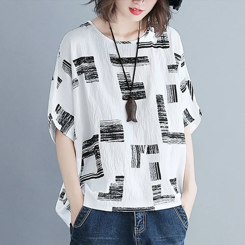 Camiseta de algodón y lino para mujer, de manga corta, que disimula la barriga, cuello redondo, holgada, estilo oversize, que rejuvenece.