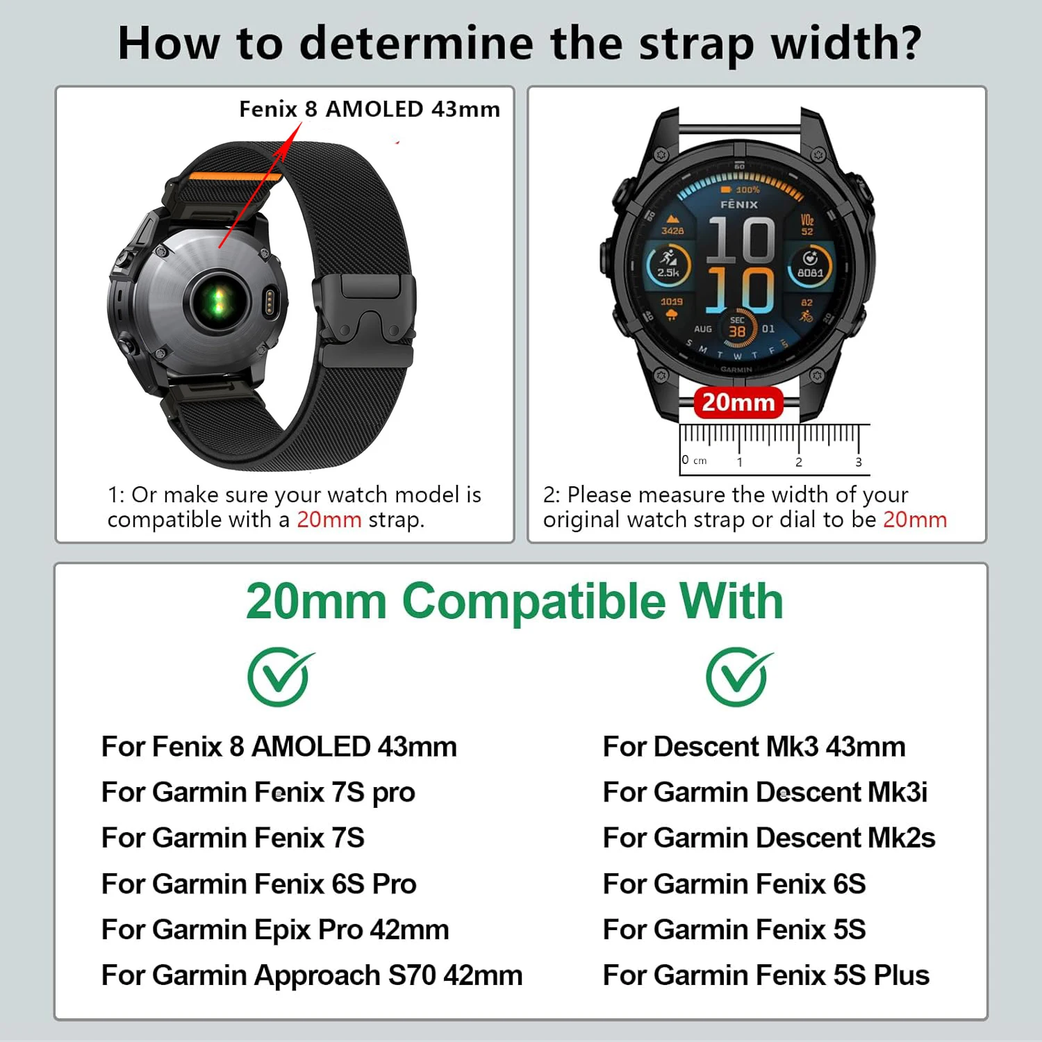 Cinturino per orologio in nylon Quickfit da 20 mm compatibile per Garmin Fenix 8 43mm/Fenix 7S/7S Pro/6S/6S Pro/5S/5S plus,Garmin Epix Pro 42mm