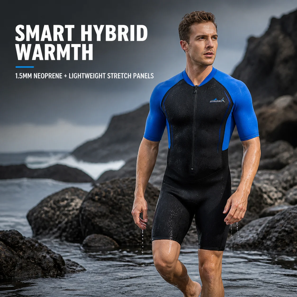 DIVE & SAIL 1.5mm Neoprene Shorty Wetsuit Men Women UPF50+ Front Zip One Piece Suit for Diving Snorkeling Surfing Swimming