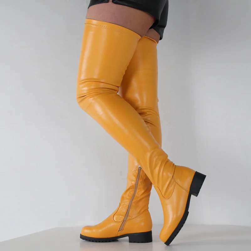 Big 46 Low Heels Long Boots Women Stretch Thigh High Boots Shoes