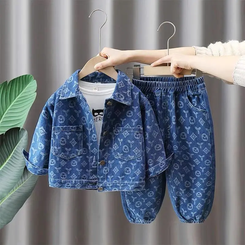

0-13 Y Teenage Boys Denim Suit Spring and Autumn 2025 New Fashion Baby Clothes Full Print Denim Children's Two-piece Set