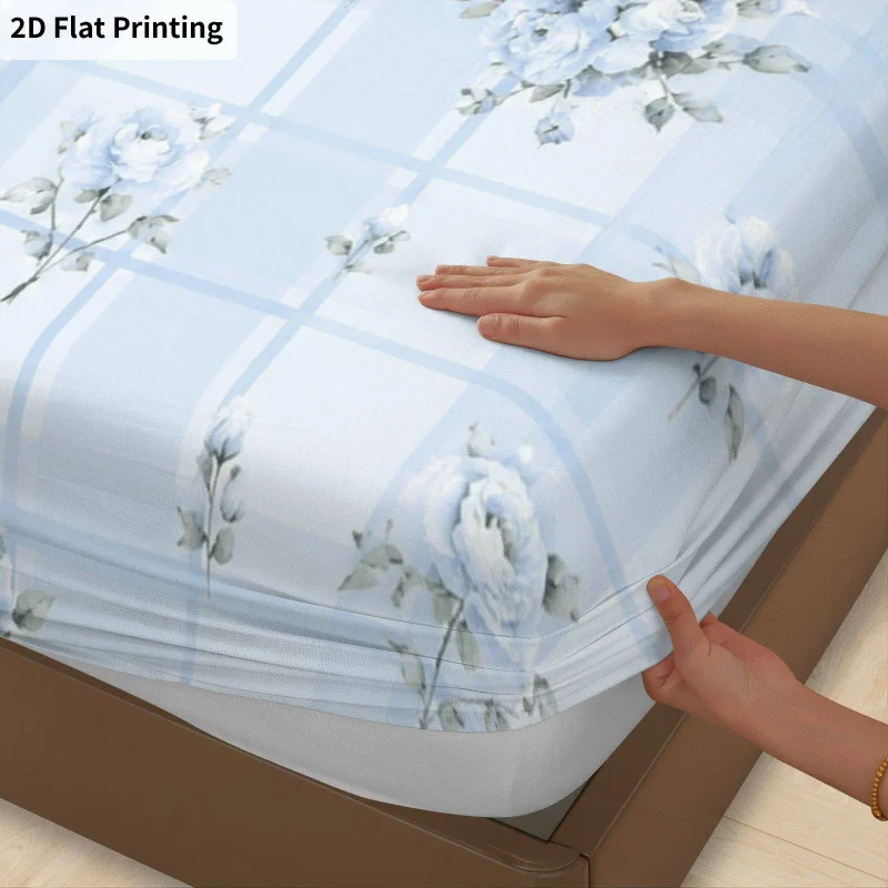 3Pcs Bluefloralgrid Fitted Sheet Three Piece Set (1*Fitted Sheet + 2*Pillowcases, Coreless), Bedding Set.