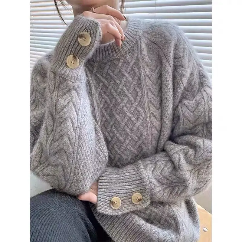 Autumn and Winter Thickened Twist Sweater Women's Loose Feeling Retro Lazy Style Round Neck Heavy Industry Outerwear Knitwear