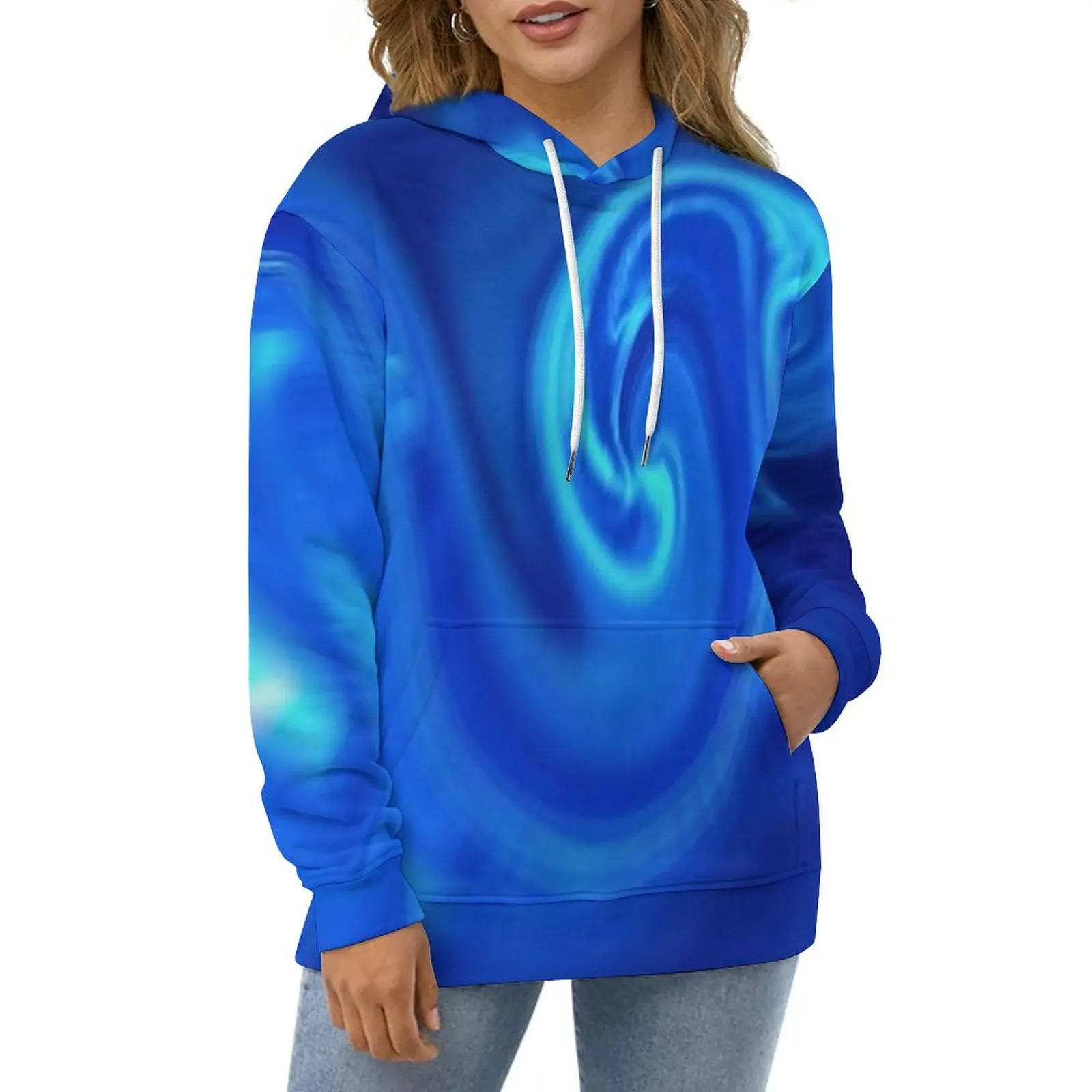 

Blue Liquid Casual Hoodies Abstract Print Y2k Pullover Hoodie Womens Long Sleeve Hip Hop Custom Loose Oversize Tops