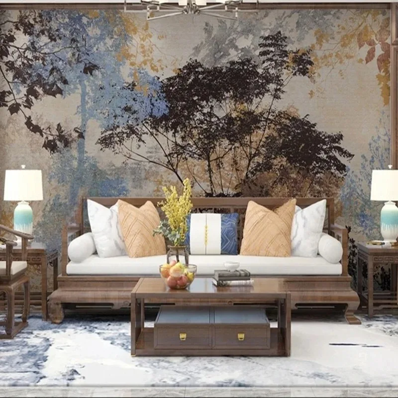 Chinese Landscape Wall Murals & Wallpaper Designs - Hand-Painted Abstract Mountain Forest Scenery Wall Art for Living Room