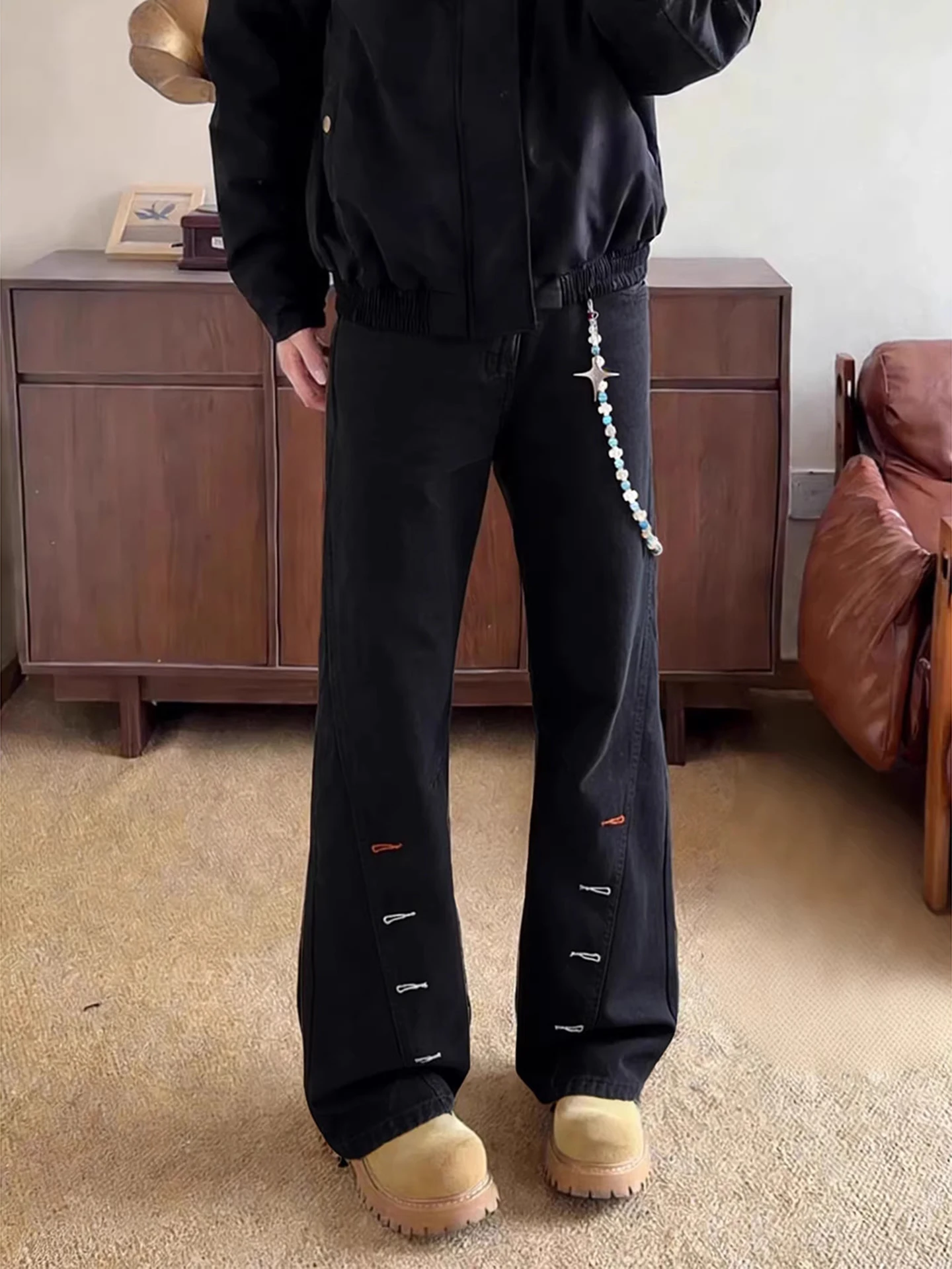 

Bla Button Embroidered Slant Cut Knife Jeans Men Spring American High Street Vibe Straight Leg Micro Flare Slimming Pants