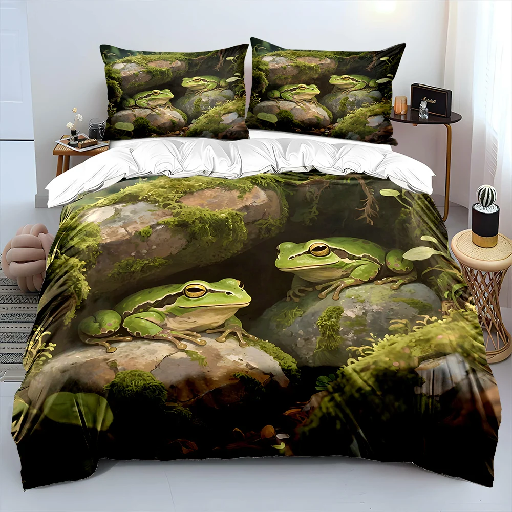 Two frogs resting on rocks Bedding Set for Kids Luxury Gift 3pcs Digital Print Comforter Set Soft Comfortable Breathable