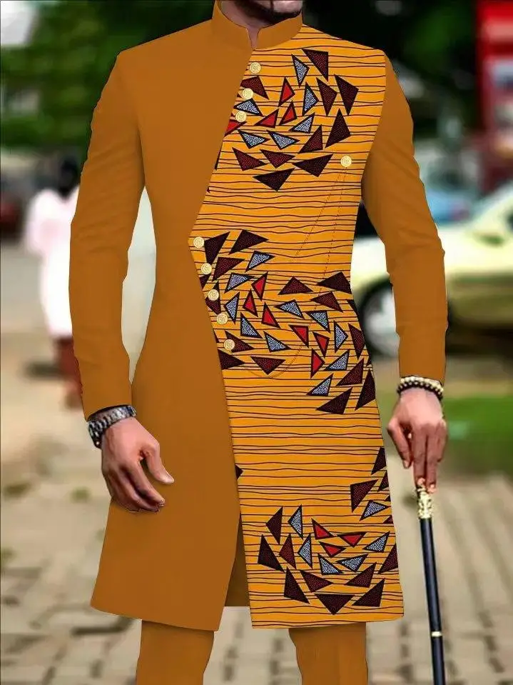 

New African Suits for Men Embroidery Print Blazer and Pants Set Business Dress Suit with Kerchief Party Wedding Evening