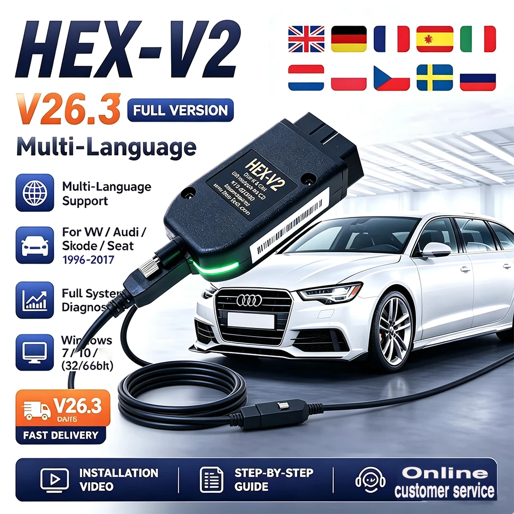 2026 Best V26.3 VAG Scanner VAG Tool VAG KKL VAG COM Cable OBD2 Diagnostic Cable Multi-Language OBD2 Scanner HX V2 VCDS