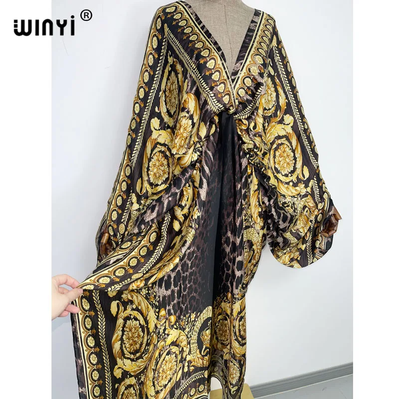 Sexy Beach High-Quality Hand-Rolled Feel Silk Rayon Fashion Print 2021 WINYI Maxi Women's Robes Long Beach V-Neck Bohemian Dress