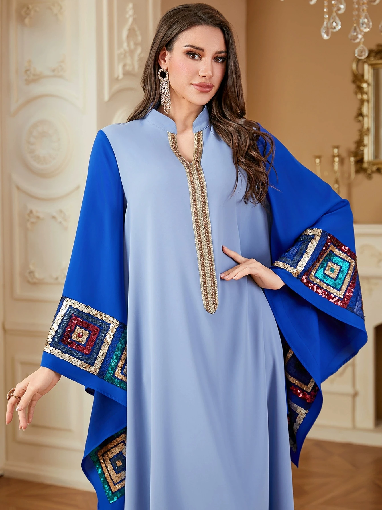 Dubai Islamic sequin party dress women's Abaya batsleeves Eid al Fitr fashion long dress Muslim robe Jalabia Ramadan vest