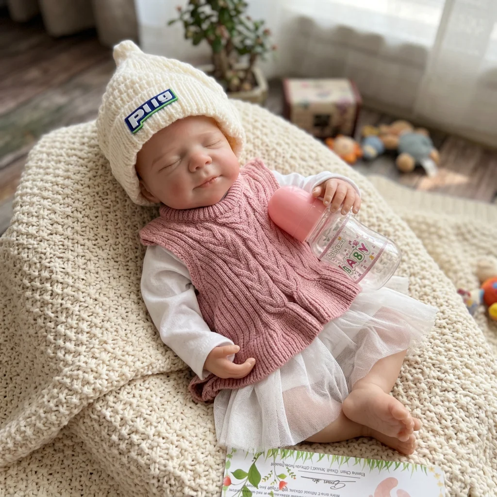 18 Inch Pascale Reborn Baby Doll Closed‑Eyes Design Lifelike Hand‑Painted Collectible Art Doll With Pink Sweater & White Hat