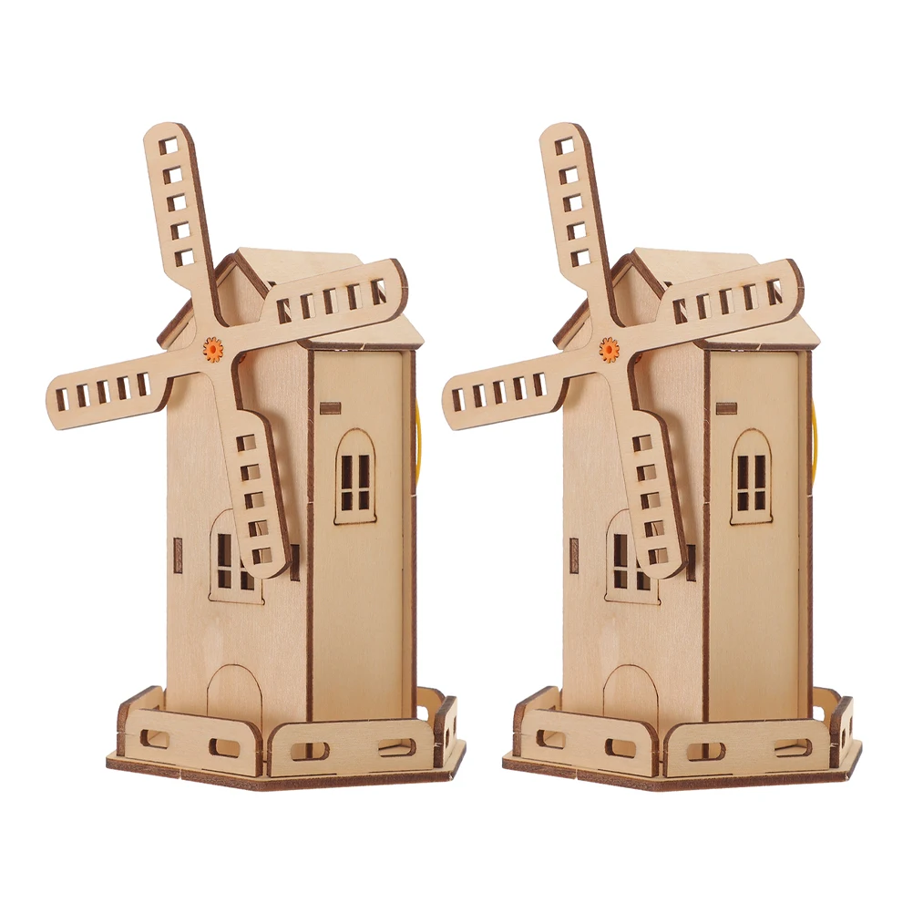 

2 Sets Solar Windmill Assembly Kit Toy Panels Powered Toys Small Model Kits Wooden