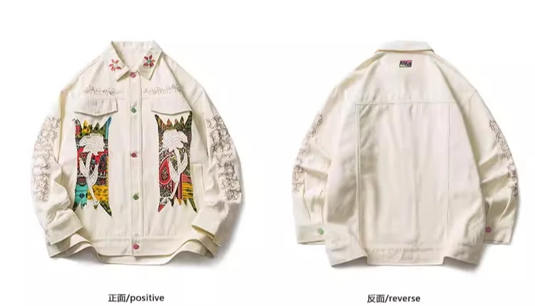 Spring and Autumn Japanese Style College Wind Patch Embroidered Baseball Jacket for Men Beige Loose Casual Denim Coat