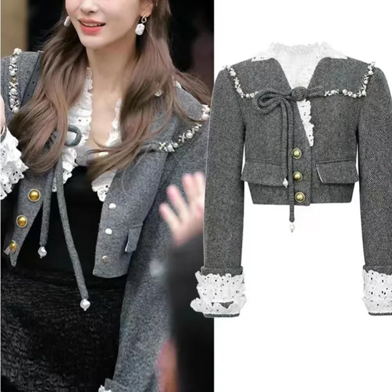 Lace lace gray design small fragrant jacket women's diamond-encrusted short top