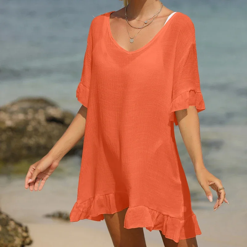Donna Estate Scollo a V Foglia di loto Altalena Beachwear Protezione solare Grembiule Vacanza Stile Spiaggia Tinta unita Bikini Allentato Cover Up