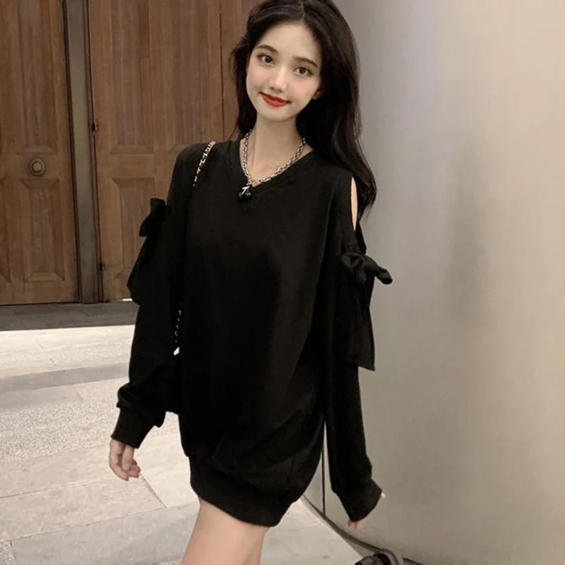 Chic Fashion Bow Off Shoulder Pullover White Sweet Cute New Loose Tops Korean All Match Ins V Neck Long Sleeve Jumpers Female