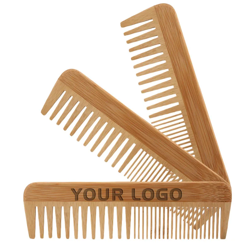 3 Pieces Wide & Fine Teeth Bamboo Comb Custom LOGO  - Personalized Your Name Text Date - Bamboo Hair Comb for Women